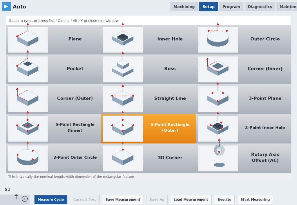 Selecting from HCNC's 22 built-in measurement cycles