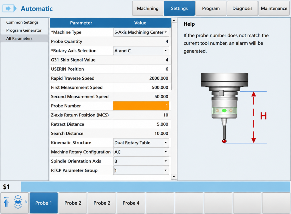 Measurement parameter configuration screen on HCNC's 5-axis CNC system